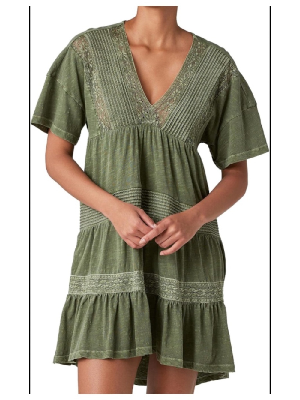 Lucky Brand Olive Green Cotton Boho Tiered Lace Tunic Dress XL